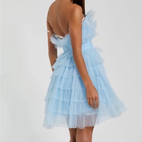 NWT Mac Duggal Light Blue Tulle Strapless Mini Dress Feather Accents ($798) - Picture 3 of 5